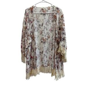 Umgee Women M/L Floral Fringe Open Front Kimono Boho Lagenlook
